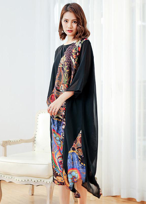 Loses Vintage-Midikleid mit gespleißtem Druck im Frühling