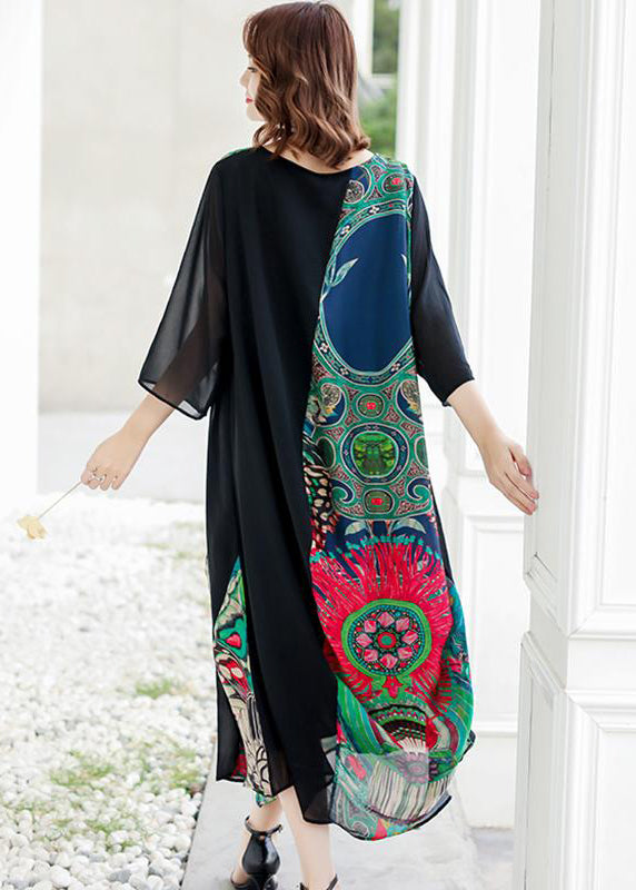 Loses Vintage-Midikleid mit gespleißtem Druck im Frühling