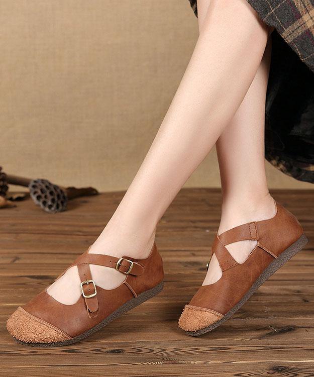 Splicing Brown Flat Feet Shoes Buckle Strap Flats - SooLinen