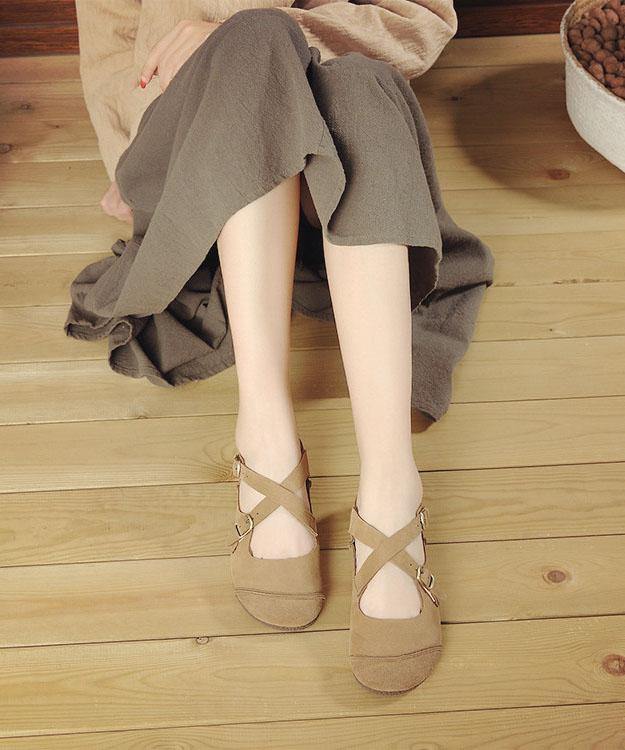 Splicing Brown Flat Feet Shoes Buckle Strap Flats - SooLinen