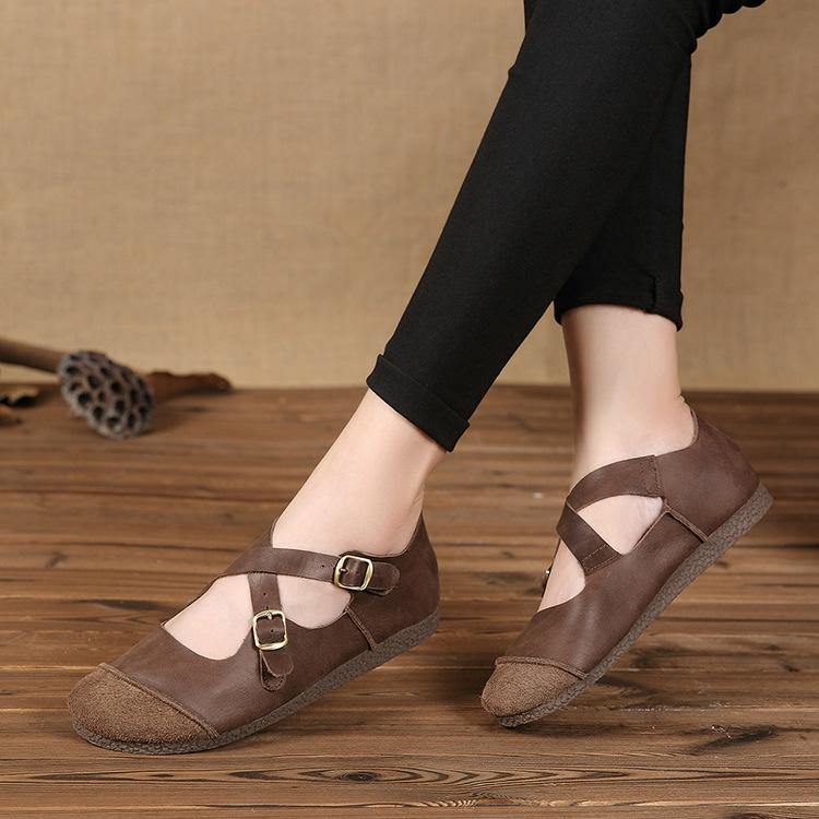 Splicing Brown Flat Feet Shoes Buckle Strap Flats - SooLinen