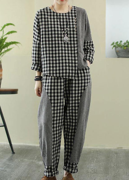 Spring 2021 art Retro Plaid women's splicing casual suit - SooLinen