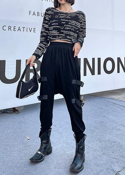 Spring Comfy Cotton Black Pockets Harem Pants - SooLinen