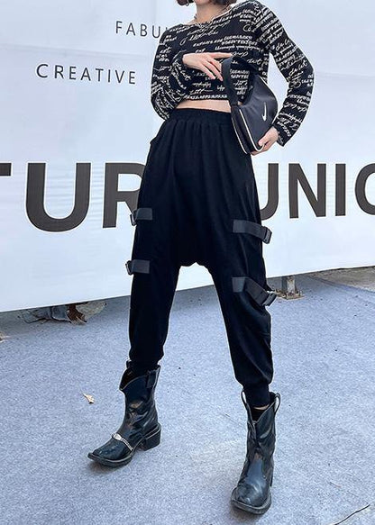 Spring Comfy Cotton Black Pockets Harem Pants - SooLinen