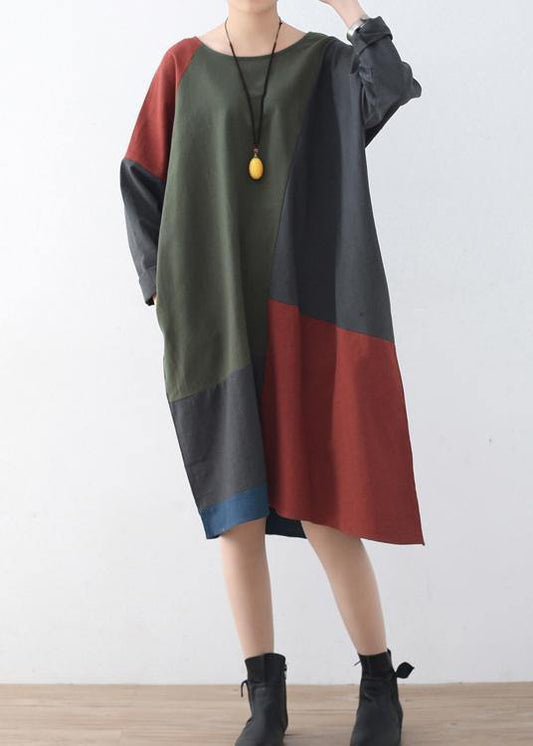 Spring National Style Retro Color Matching Cotton Dress - SooLinen