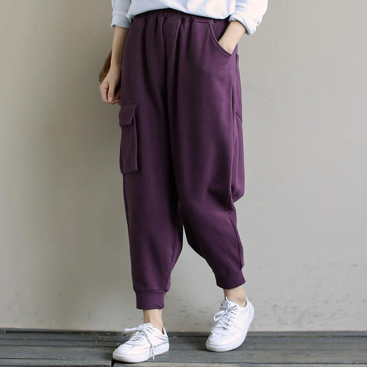 Spring Purple new solid color single pocket show thin Harem Pants - SooLinen