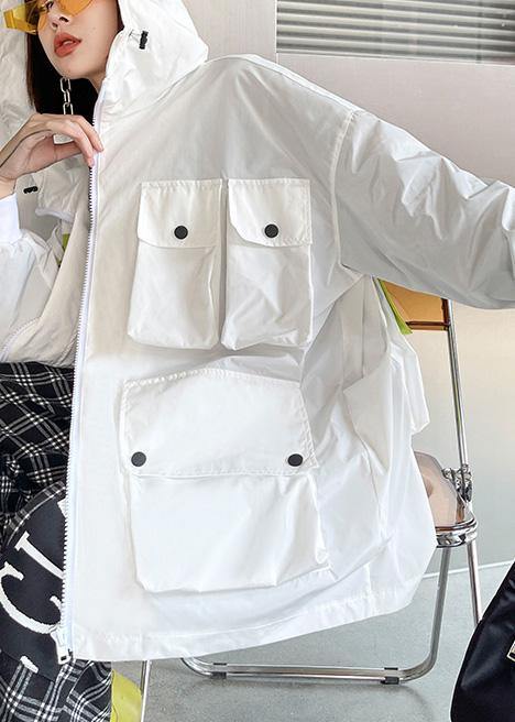 Spring Unique White Colorblock Pockets zippered Hooded Cotton Jacket - SooLinen
