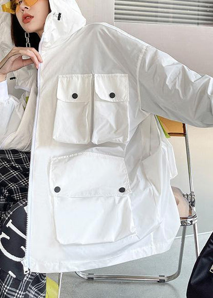 Spring Unique White Colorblock Pockets zippered Hooded Cotton Jacket - SooLinen