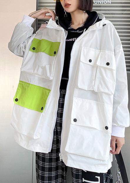 Spring Unique White Colorblock Pockets zippered Hooded Cotton Jacket - SooLinen
