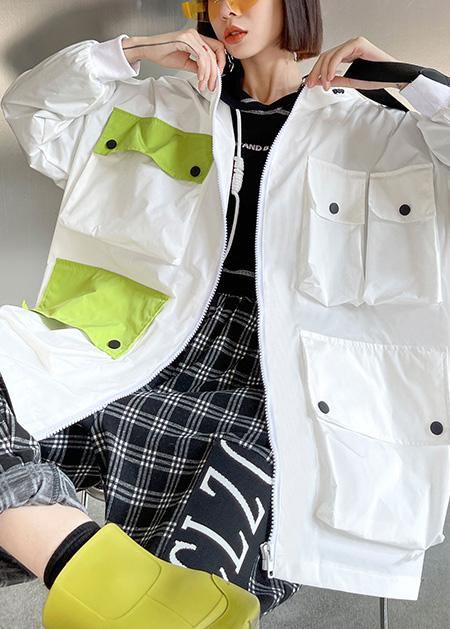 Spring Unique White Colorblock Pockets zippered Hooded Cotton Jacket - SooLinen