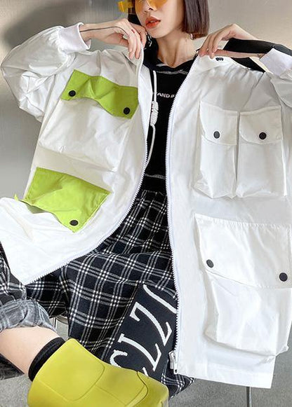 Spring Unique White Colorblock Pockets zippered Hooded Cotton Jacket - SooLinen