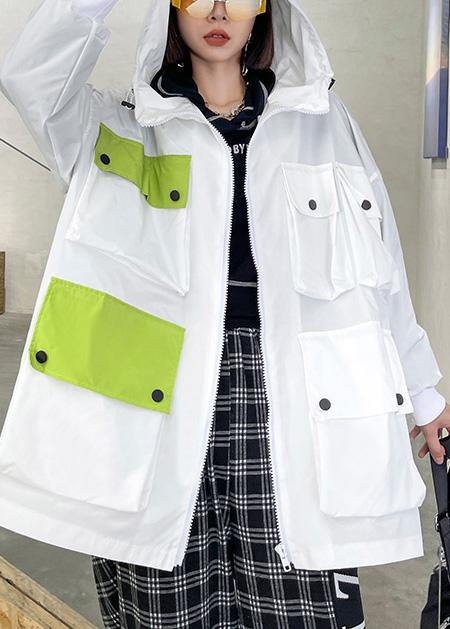 Spring Unique White Colorblock Pockets zippered Hooded Cotton Jacket - SooLinen