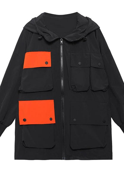 Spring Unique White Colorblock Pockets zippered Hooded Cotton Jacket - SooLinen