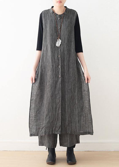 Spring cotton and linen art fresh gray striped two-piece suit cardigan wide leg pants - SooLinen