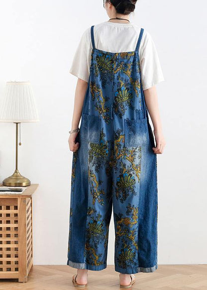 Spring original literary fashion retro ethnic style blue printed loose denim overalls - SooLinen