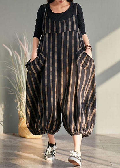 Spring plus size plus fertilizer to increase bloomers striped cotton and linen jumpsuit - SooLinen