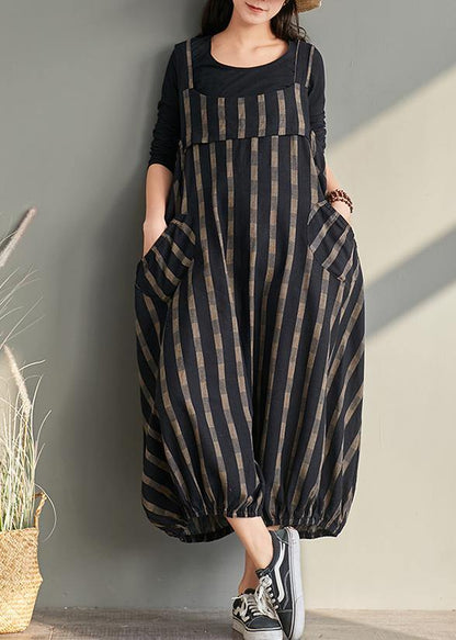 Spring plus size plus fertilizer to increase bloomers striped cotton and linen jumpsuit - SooLinen