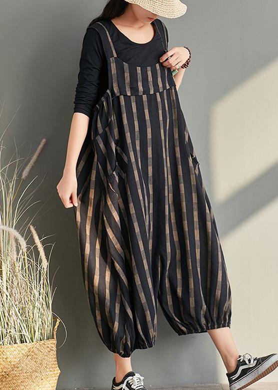 Spring plus size plus fertilizer to increase bloomers striped cotton and linen jumpsuit - SooLinen