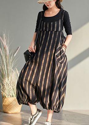 Spring plus size plus fertilizer to increase bloomers striped cotton and linen jumpsuit - SooLinen