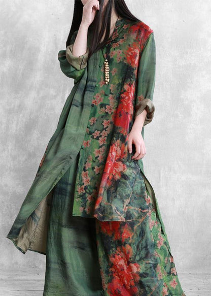 Spring silk suit loose loose irregular long shirt casual wide leg pants - SooLinen