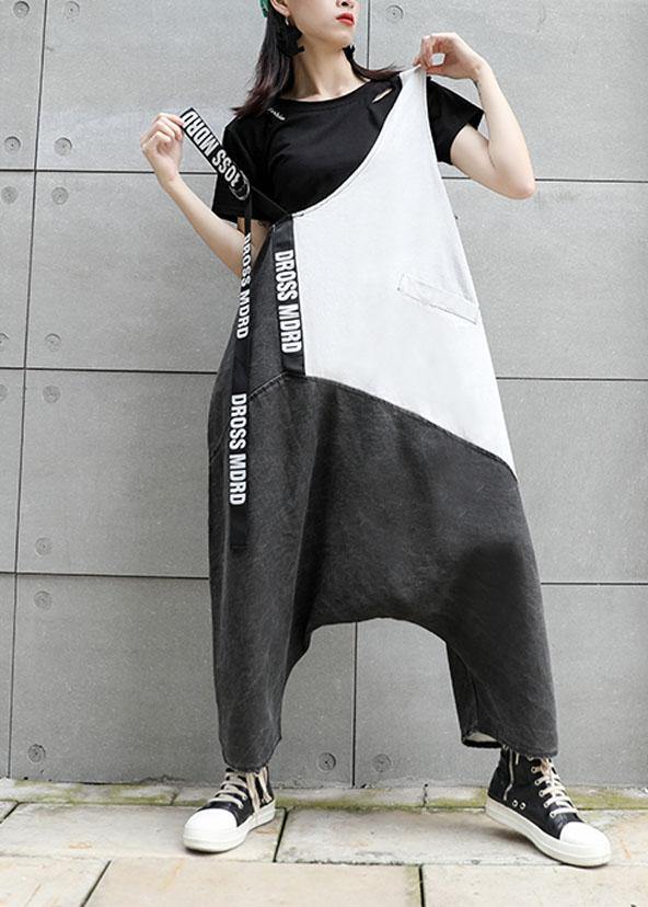 Strap  retro black gray patchwork overalls casual pants jeans women - SooLinen