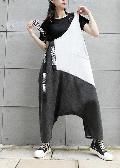 Strap  retro black gray patchwork overalls casual pants jeans women - SooLinen