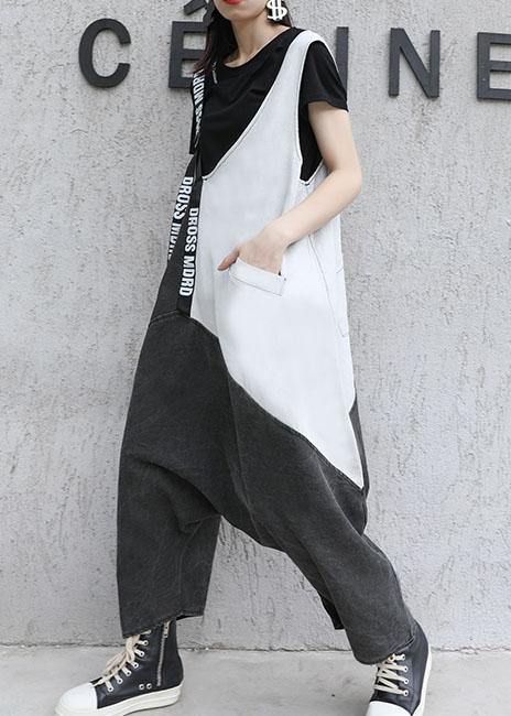 Strap  retro black gray patchwork overalls casual pants jeans women - SooLinen