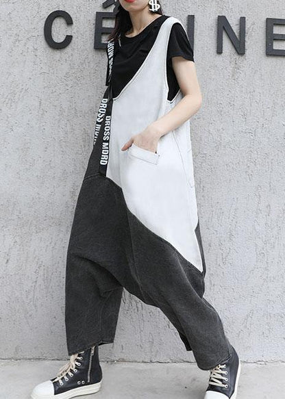 Strap  retro black gray patchwork overalls casual pants jeans women - SooLinen