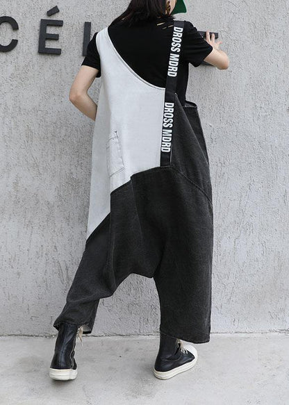 Strap  retro black gray patchwork overalls casual pants jeans women - SooLinen