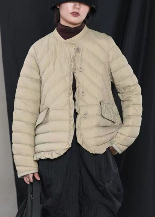 Street Khaki Lässige Winter-Daunenjacke mit Knöpfen und Rüschen