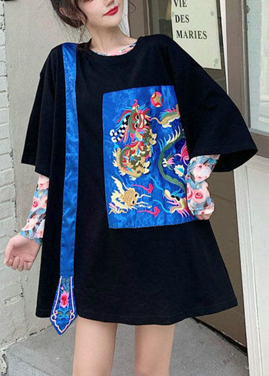 Streetwear Schwarze bestickte Oberteile mit Rundhalsausschnitt und halben Ärmeln