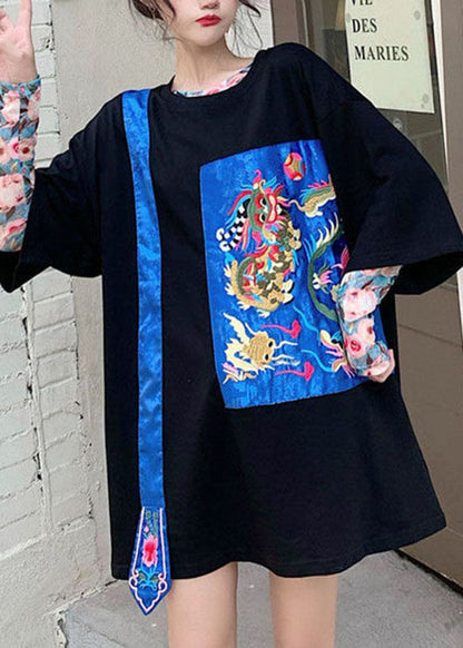 Streetwear Schwarze bestickte Oberteile mit Rundhalsausschnitt und halben Ärmeln