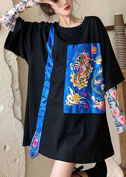 Streetwear Schwarze bestickte Oberteile mit Rundhalsausschnitt und halben Ärmeln