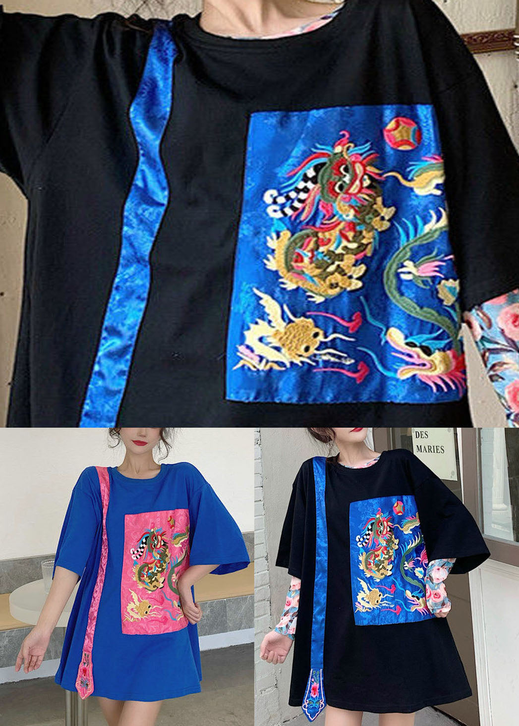 Streetwear Schwarze bestickte Oberteile mit Rundhalsausschnitt und halben Ärmeln