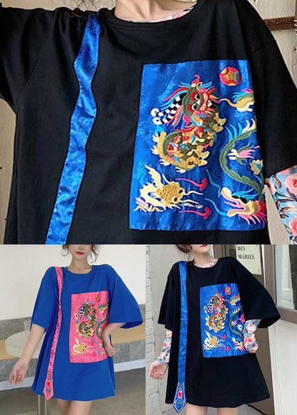 Streetwear Schwarze bestickte Oberteile mit Rundhalsausschnitt und halben Ärmeln