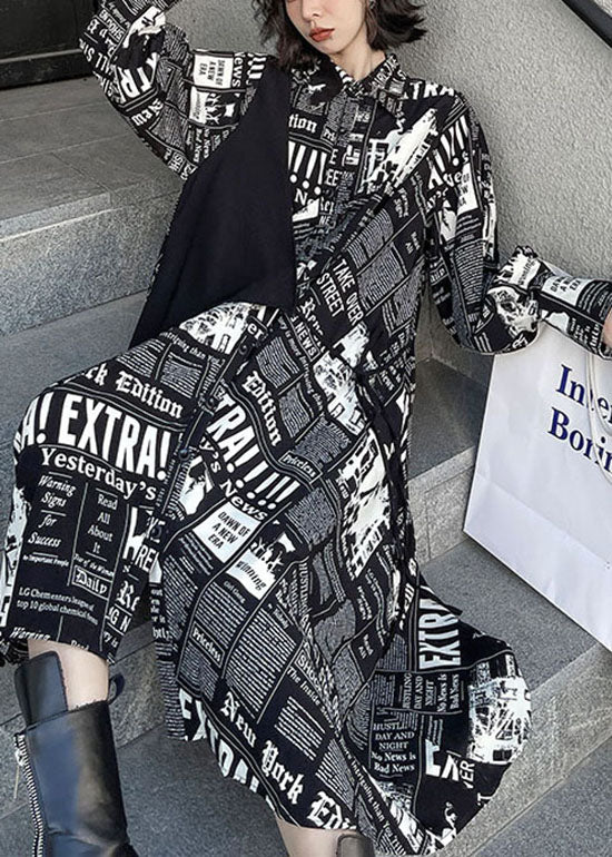 Streetwear Schwarz low high design druck Patchwork Satin hemd Kleid Frühling