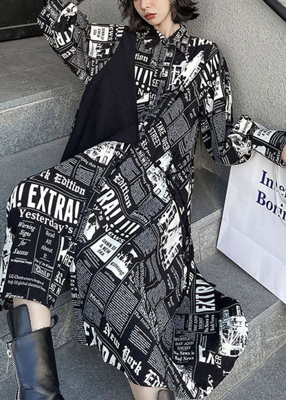 Streetwear Schwarz low high design druck Patchwork Satin hemd Kleid Frühling