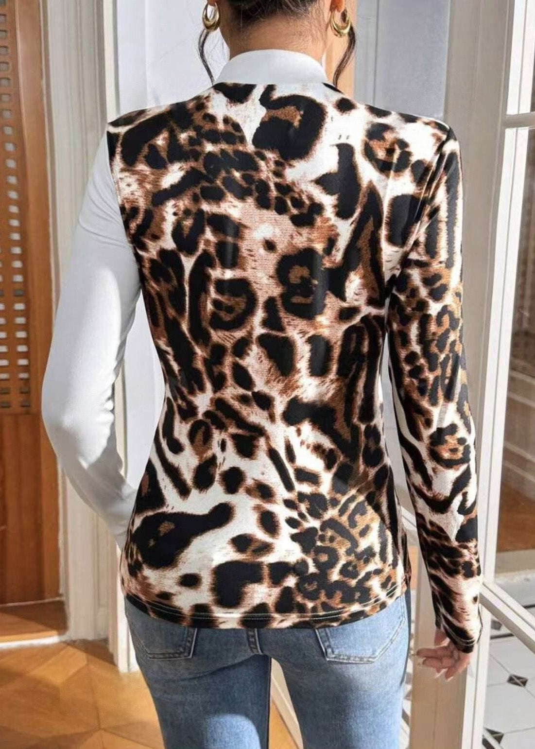Streetwear Slim Fit Leopard Print Patchwork Long Sleeved T-Shirt