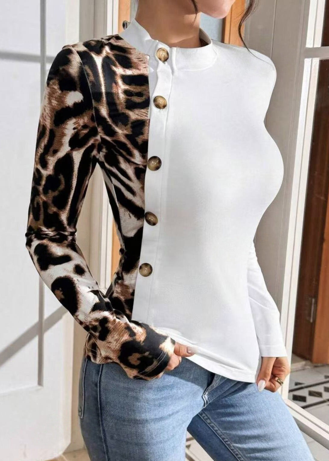 Streetwear Slim Fit Leopard Print Patchwork Long Sleeved T-Shirt