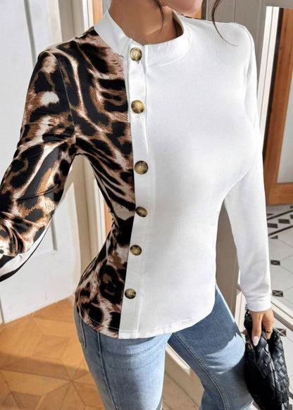 Streetwear Slim Fit Leopard Print Patchwork Long Sleeved T-Shirt