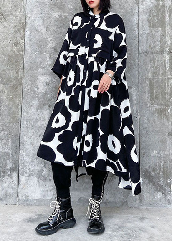 Streetwear schwarz faltig Asymmetrische Print Chiffon Kleid Frühling