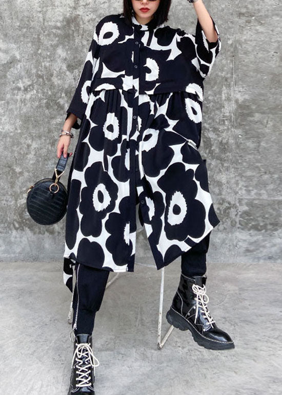 Streetwear schwarz faltig Asymmetrische Print Chiffon Kleid Frühling