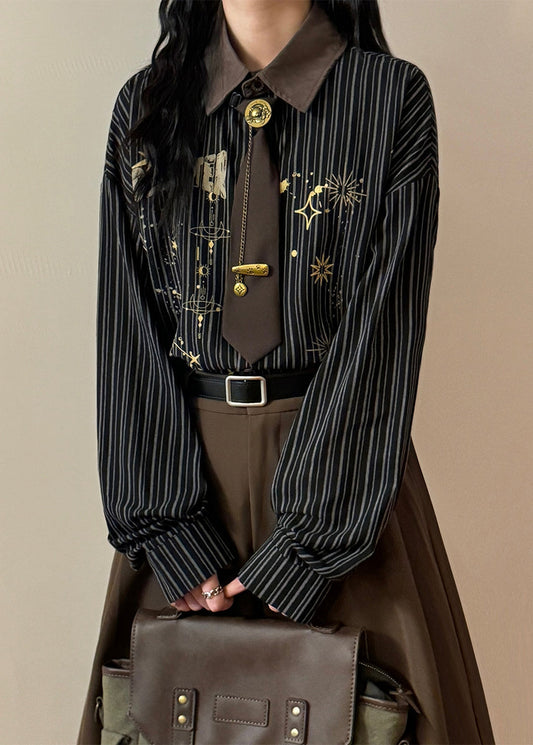Striped Black Peter Pan Collar Print Button Cotton Blouse Spring