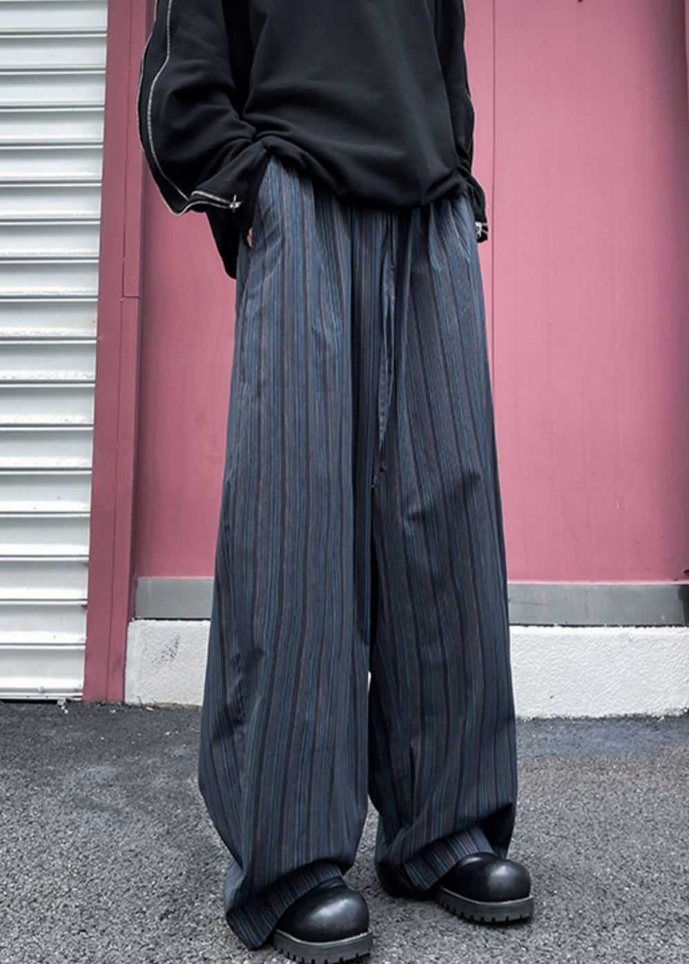 Striped Black Pockets Elastic Waist Cotton Mens Wide Leg Pants Fall