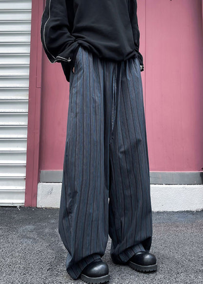 Striped Black Pockets Elastic Waist Cotton Mens Wide Leg Pants Fall