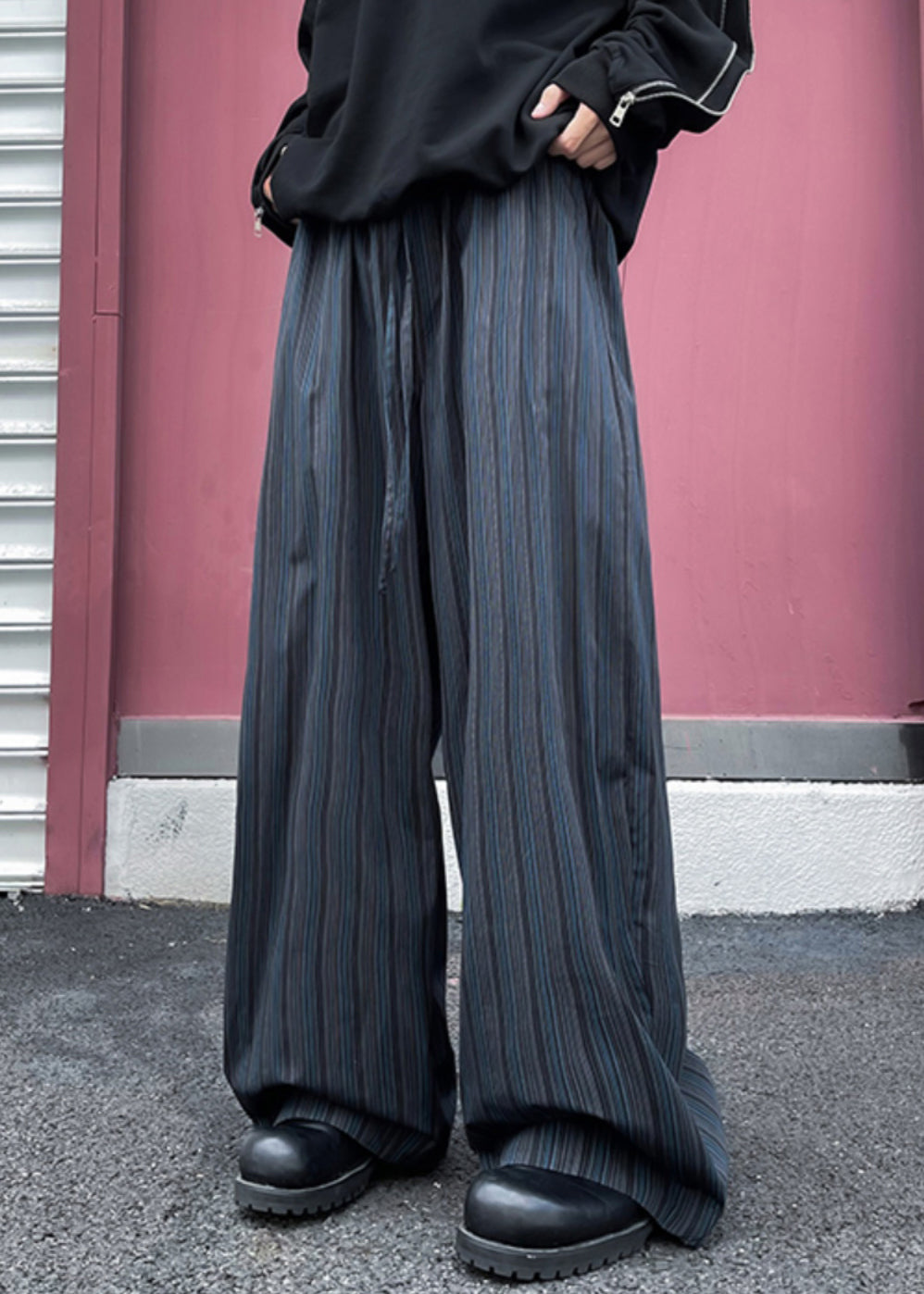 Striped Black Pockets Elastic Waist Cotton Mens Wide Leg Pants Fall