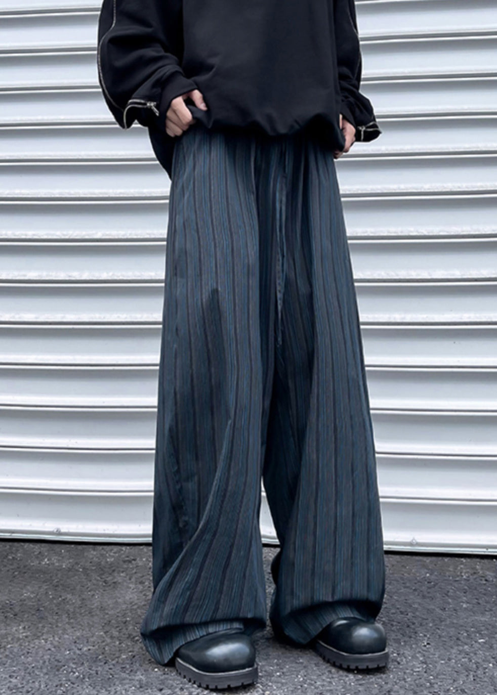 Striped Black Pockets Elastic Waist Cotton Mens Wide Leg Pants Fall