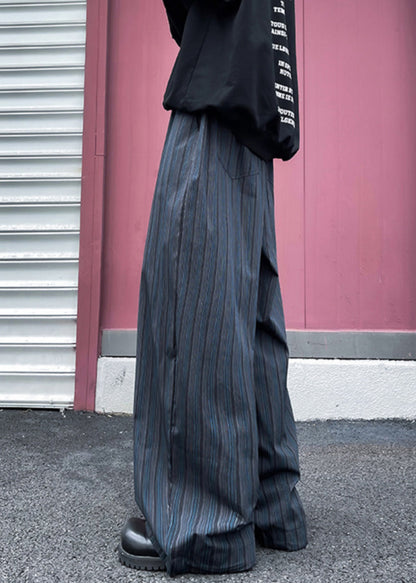 Striped Black Pockets Elastic Waist Cotton Mens Wide Leg Pants Fall