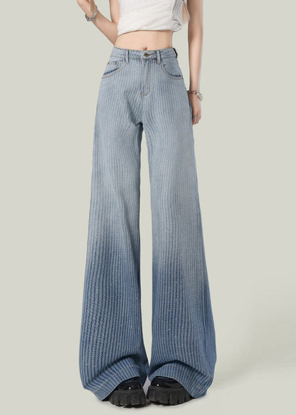 Striped Blue Gradient Color Zircon Denim Wide Leg Pants Spring