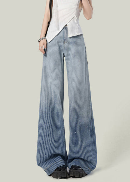 Striped Blue Gradient Color Zircon Denim Wide Leg Pants Spring